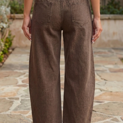 Alternative view of Miranda - Coffee Solid Color Square Patch Pocket Ankle-length Barrel Jeans