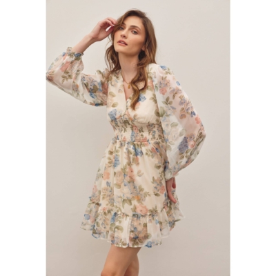 LAYLA-FRENCH FLORAL V-NECK SMOCKED MINI DRESS - Image 3