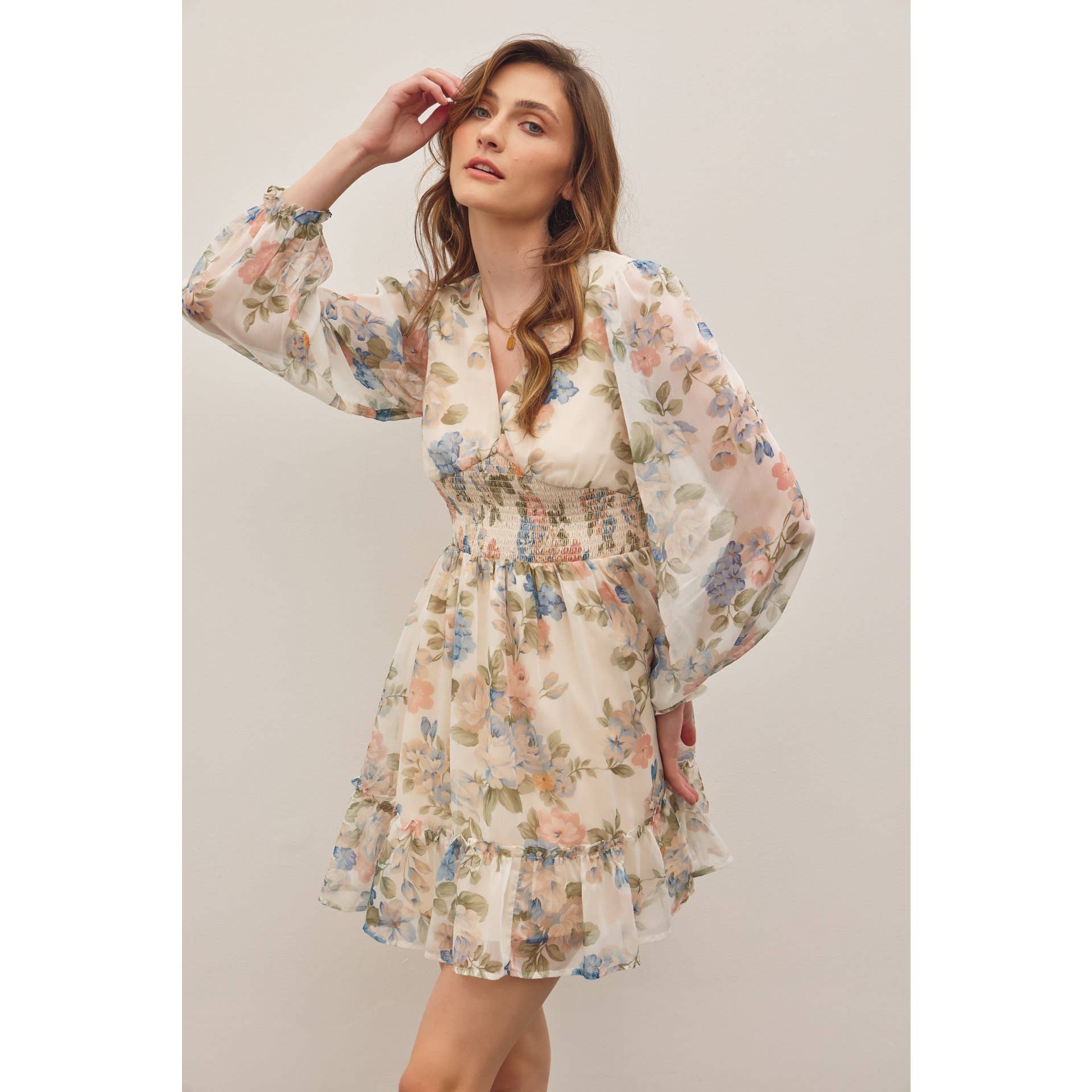 LAYLA-FRENCH FLORAL V-NECK SMOCKED MINI DRESS - Image 3