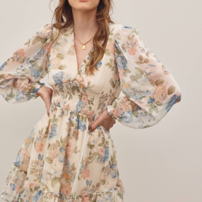 LAYLA-FRENCH FLORAL V-NECK SMOCKED MINI DRESS
