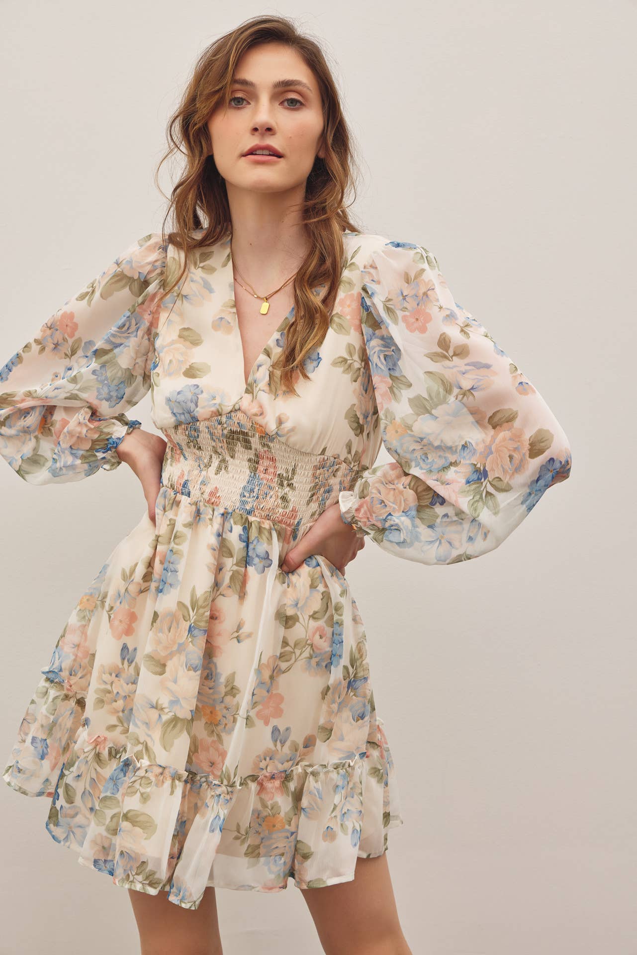 LAYLA-FRENCH FLORAL V-NECK SMOCKED MINI DRESS