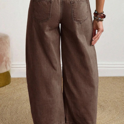 Miranda - Coffee Solid Color Square Patch Pocket Ankle-length Barrel Jeans - Image 4