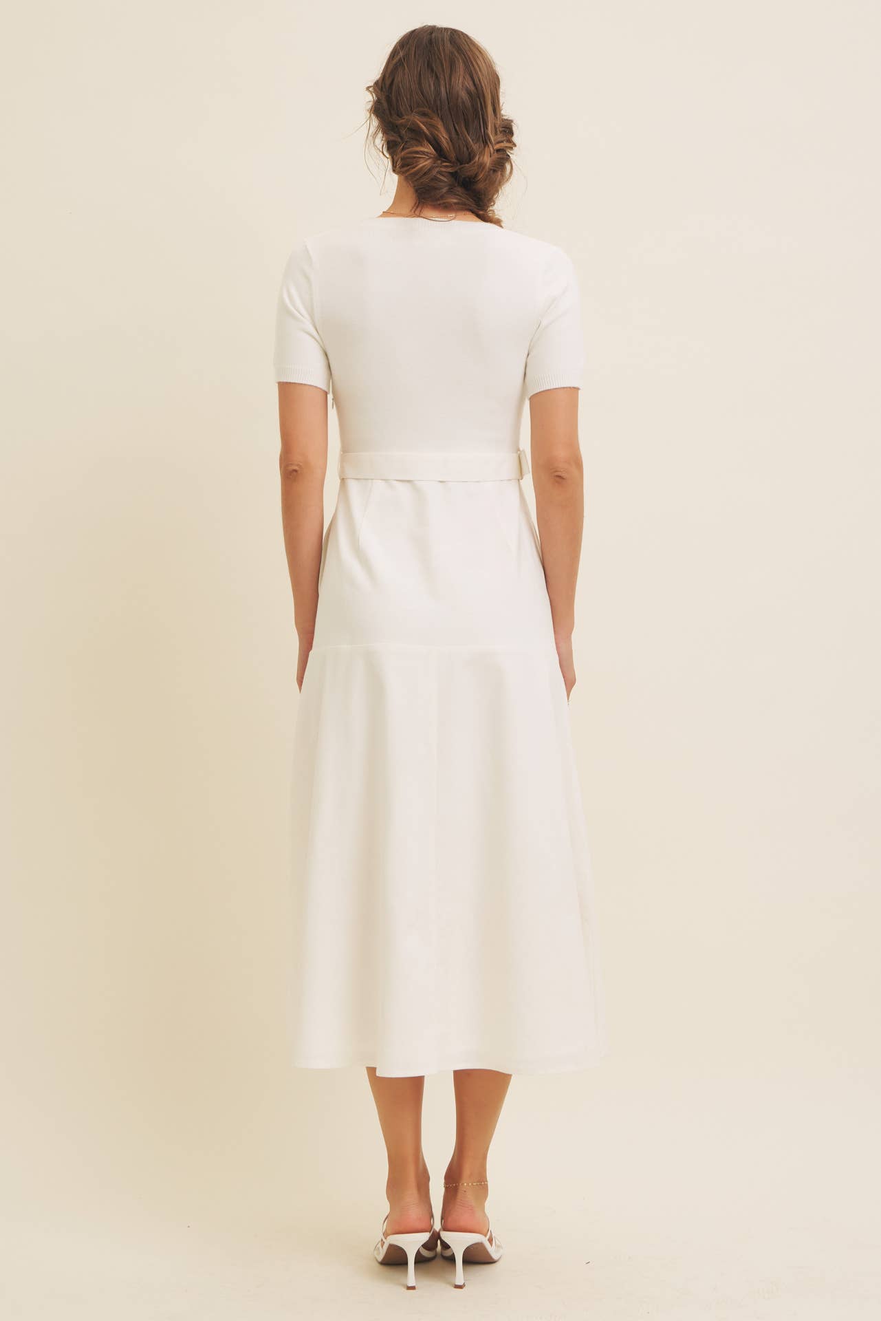 Delaney Sweater Midi Dress - White Mixed Media Dress with Belt - Image 8