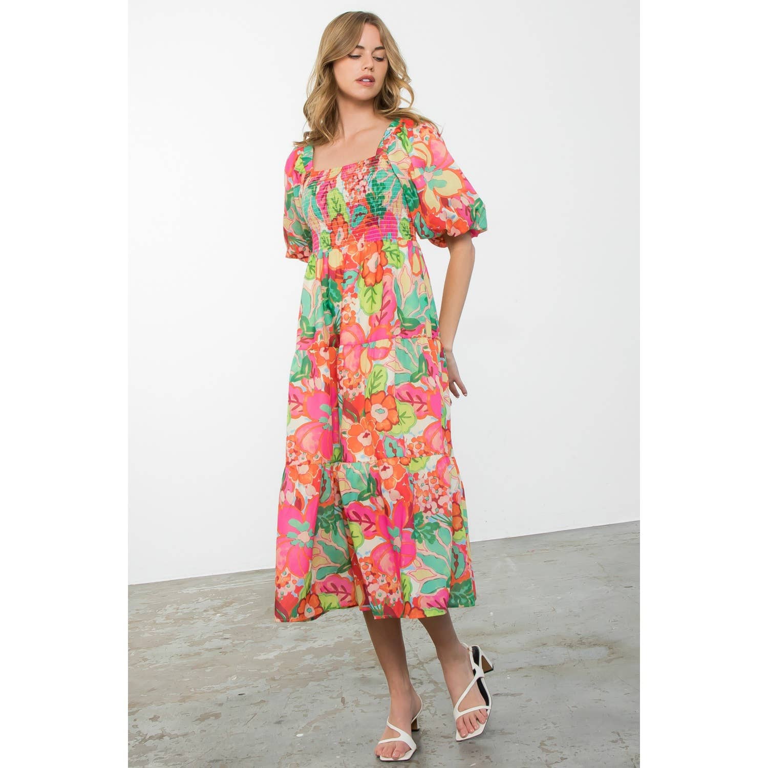 Massey - Puff Sleeve Floral Print Midi Dress - Image 10