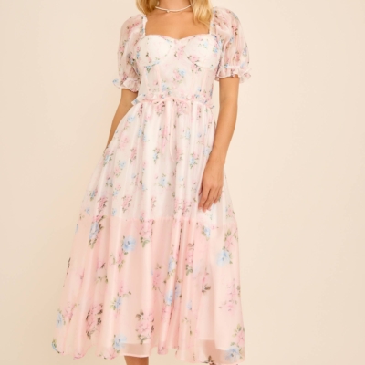 Alternative view of Cassy Floral print colorblock midi dress with puff short sleeves