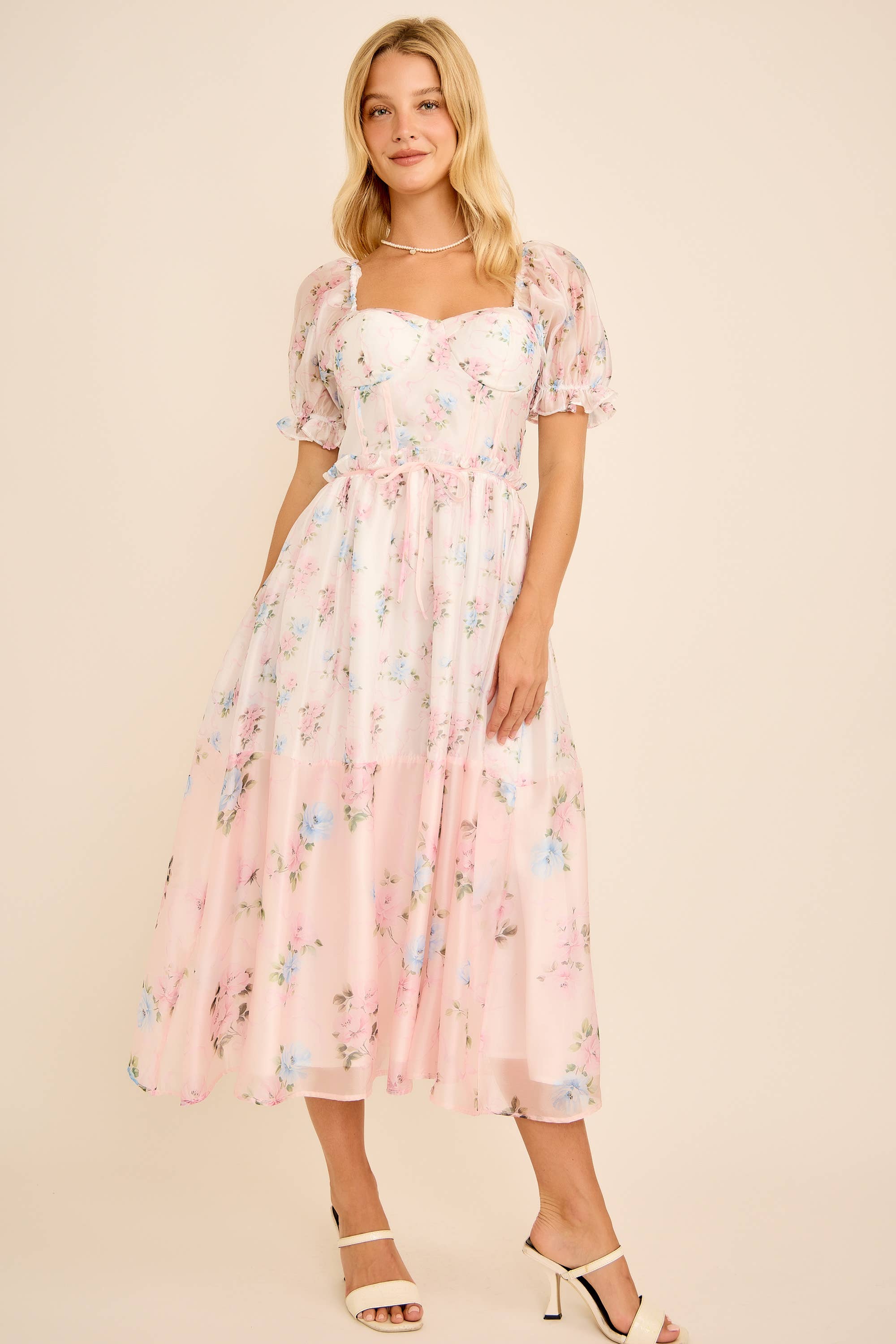 Cassy Floral print colorblock midi dress with puff short sleeves - Image 2