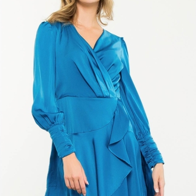 Blue Long Sleeve Flutter Dress - Image 9