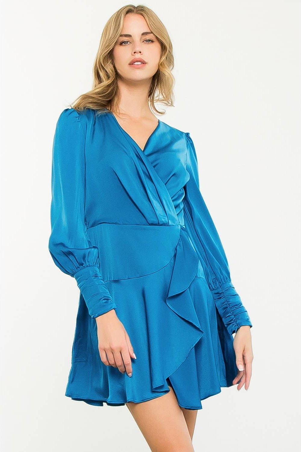 Blue Long Sleeve Flutter Dress - Image 9