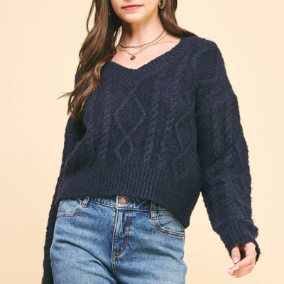 Elizabeth Cable Knit Sweater - Cropped V-Neck, Navy or Camel - Image 8