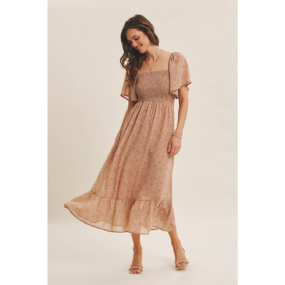 Ariana Square Neck Floral Chiffon Smocked Midi Dress - Image 3