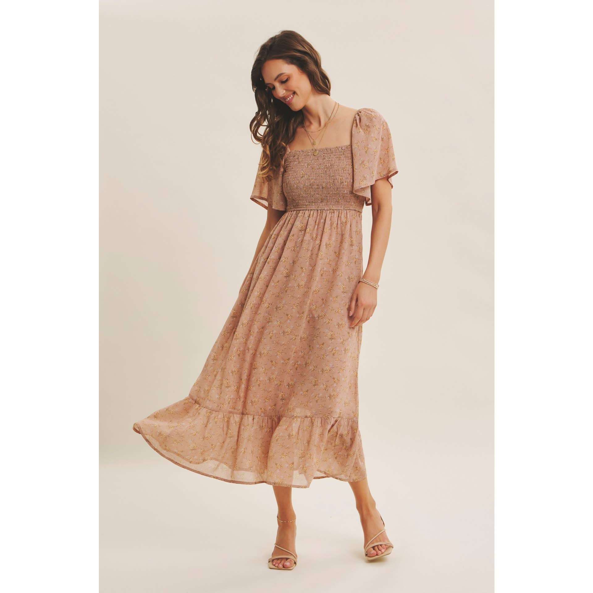 Ariana Square Neck Floral Chiffon Smocked Midi Dress - Image 3