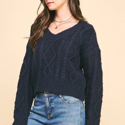 Elizabeth Cable Knit Sweater - Cropped V-Neck, Navy or Camel - Image 10