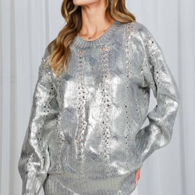 Jess - Crew Neck Cable Metallic Foil Knitted Sweater - Image 9