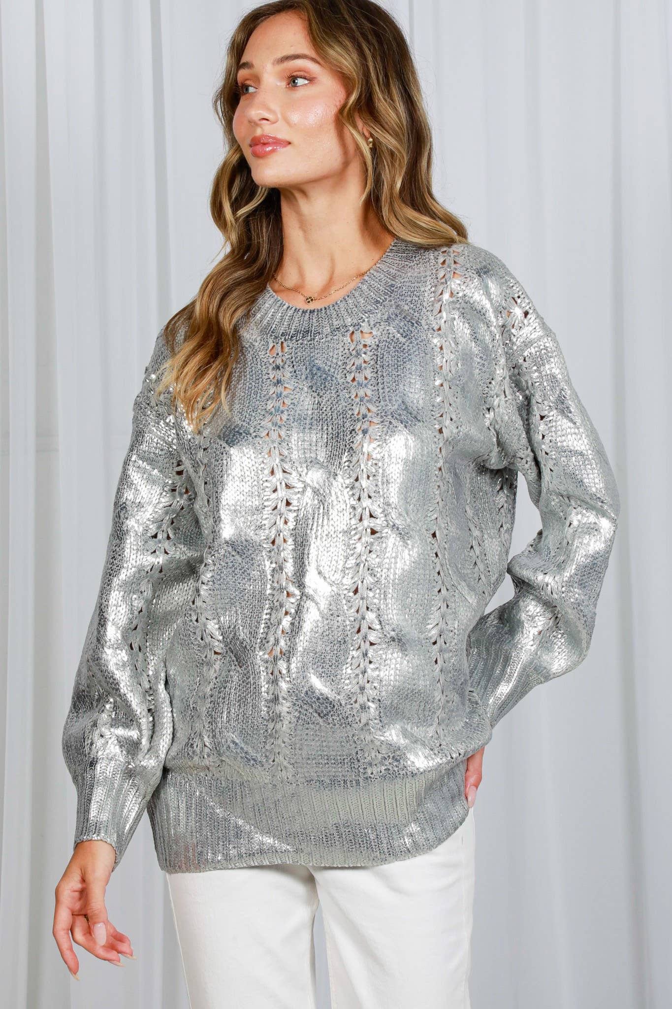 Jess - Crew Neck Cable Metallic Foil Knitted Sweater - Image 9