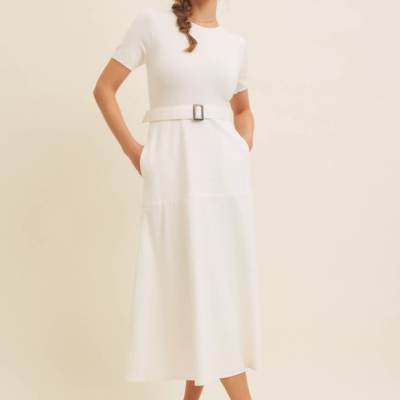Delaney Sweater Midi Dress - White Mixed Media Dress with Belt - Image 4
