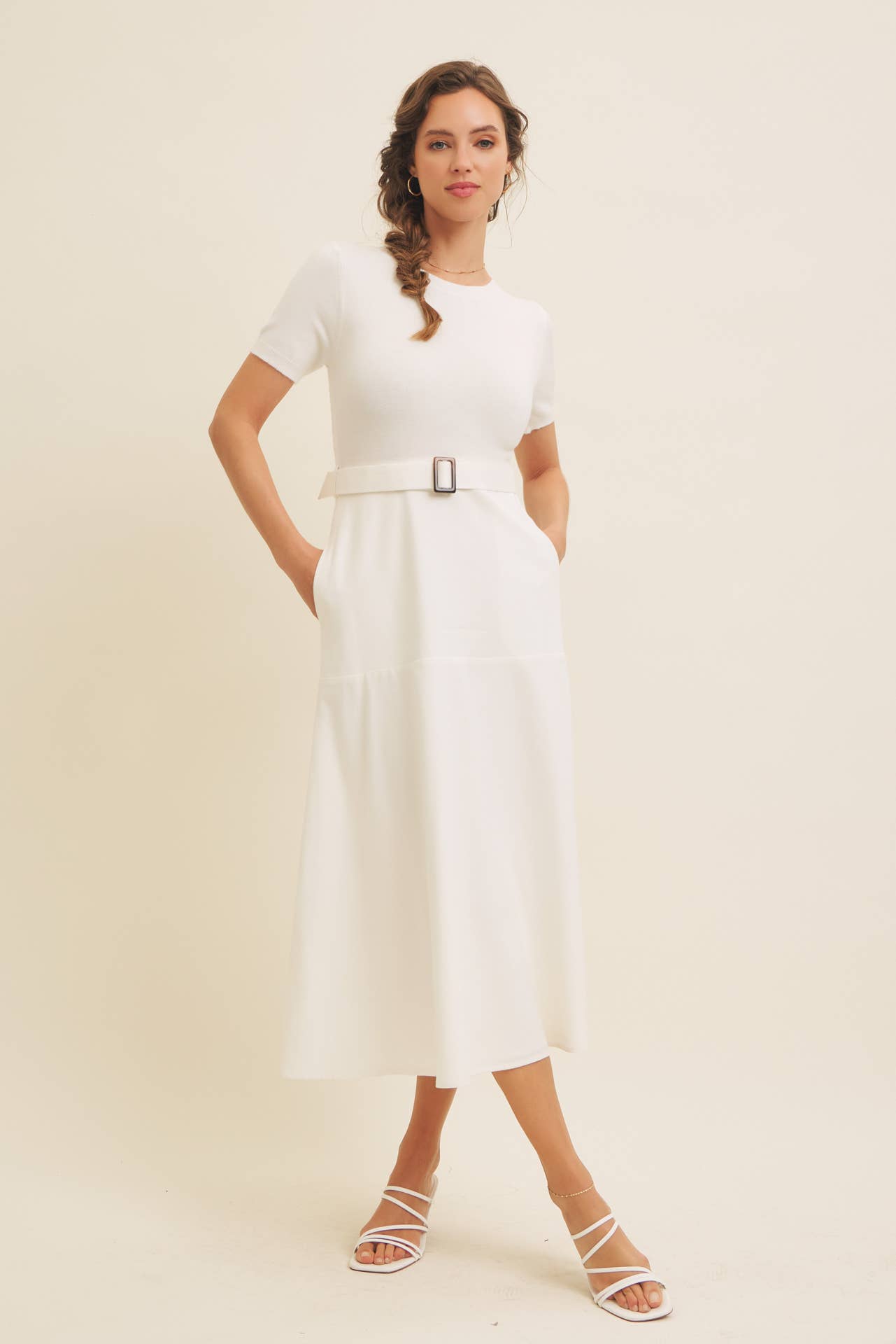 Delaney Sweater Midi Dress - White Mixed Media Dress with Belt - Image 4
