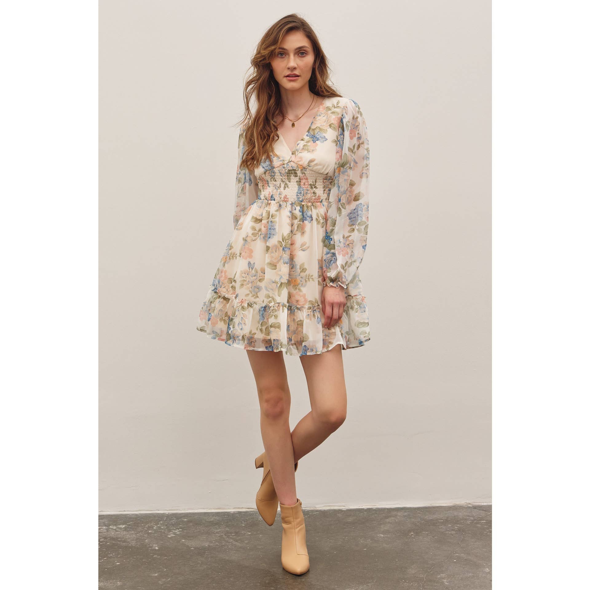 LAYLA-FRENCH FLORAL V-NECK SMOCKED MINI DRESS - Image 6