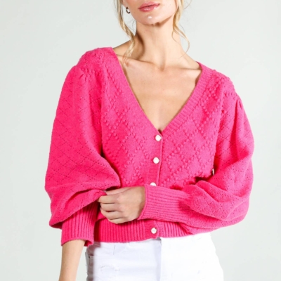 Miranda Argyle Cardigan - Pearl Button V-Neck Balloon Sleeve