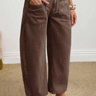 Miranda - Coffee Solid Color Square Patch Pocket Ankle-length Barrel Jeans - Image 8