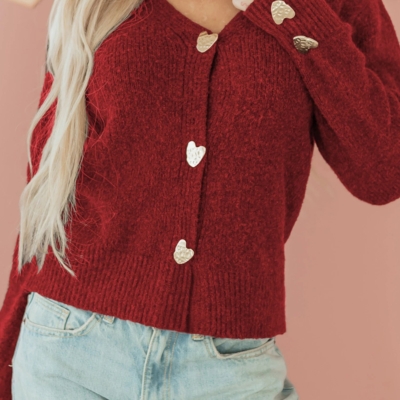 Margo Red Cardigan - Gold Heart Button V-Neck Knit - Image 4
