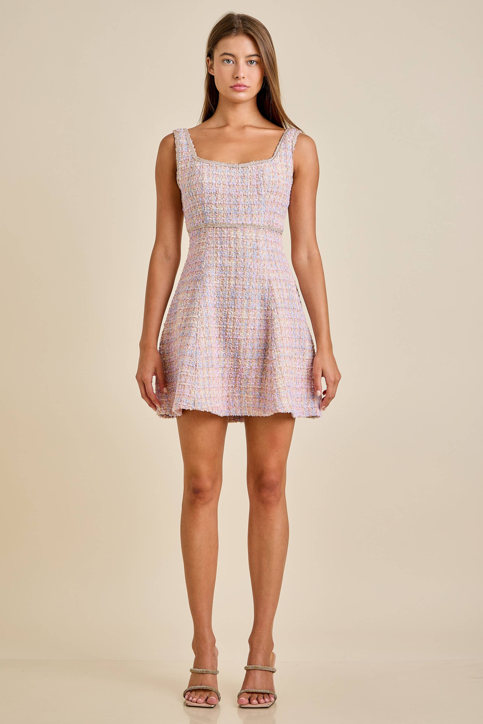 Sloane - Pastel Sequin Braid Detailed Round Neck Tweed Jacket & Mini Dress Set - Image 13