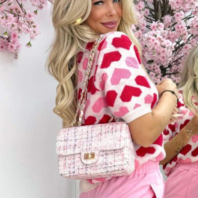 Alternative view of FINAL SALE Rosie - Pink 2-Tone Heart Print Valentine Crew Neck Short Sleeve Sweater