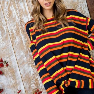 Sally - Multi Print Twist Front Cold Shoulder Knit Top - Image 12