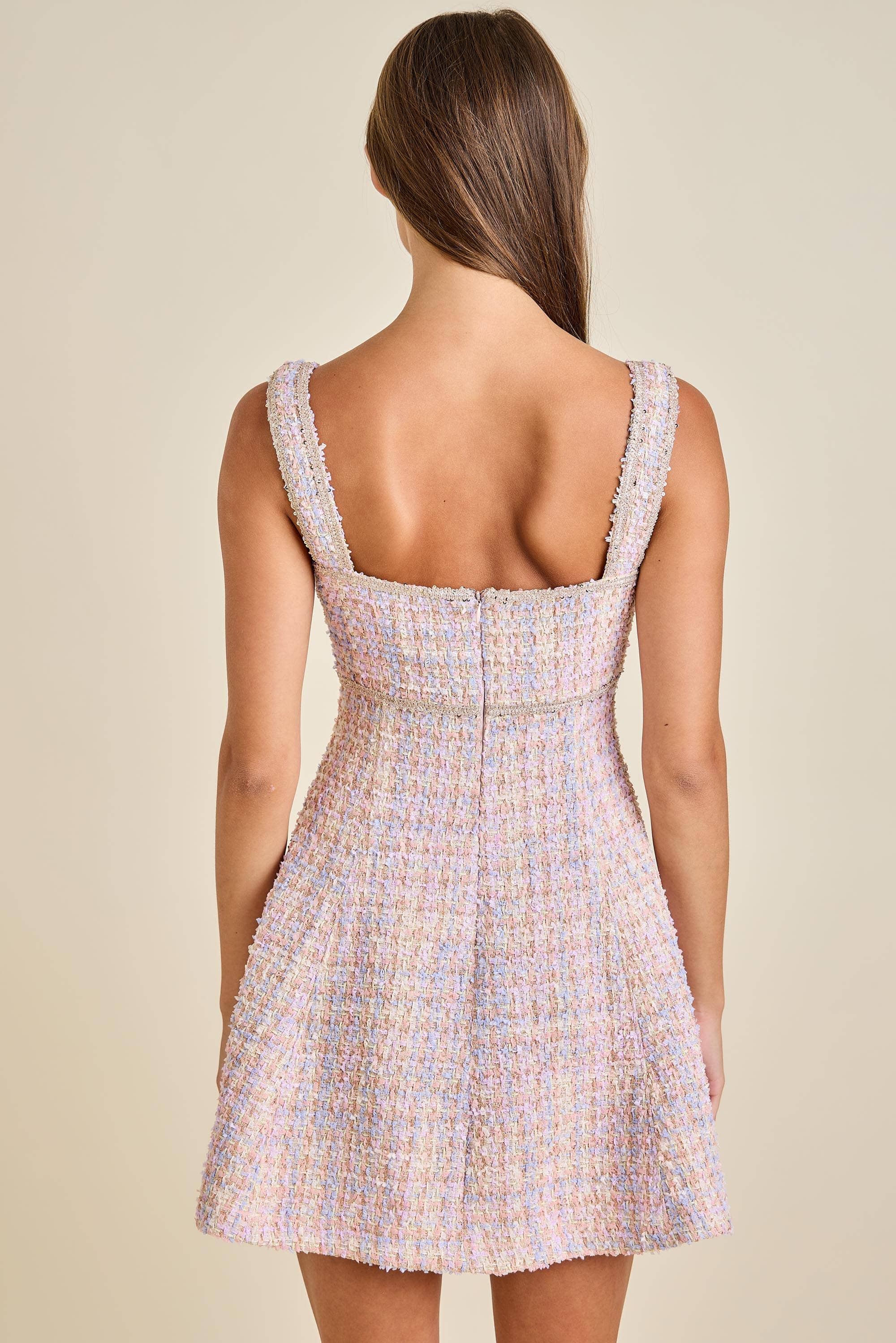 Sloane - Pastel Sequin Braid Detailed Round Neck Tweed Jacket & Mini Dress Set - Image 17