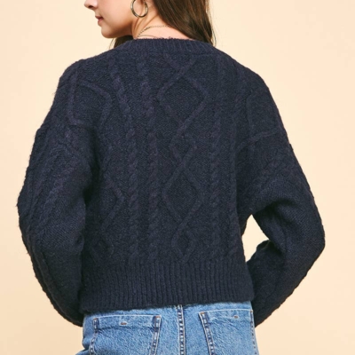 Elizabeth Cable Knit Sweater - Cropped V-Neck, Navy or Camel - Image 11