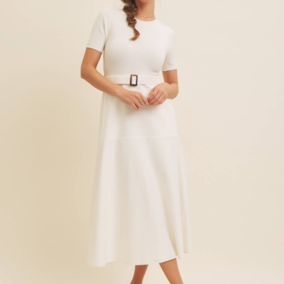 Alternative view of Delaney Sweater Midi Dress - White Mixed Media Dress with Belt