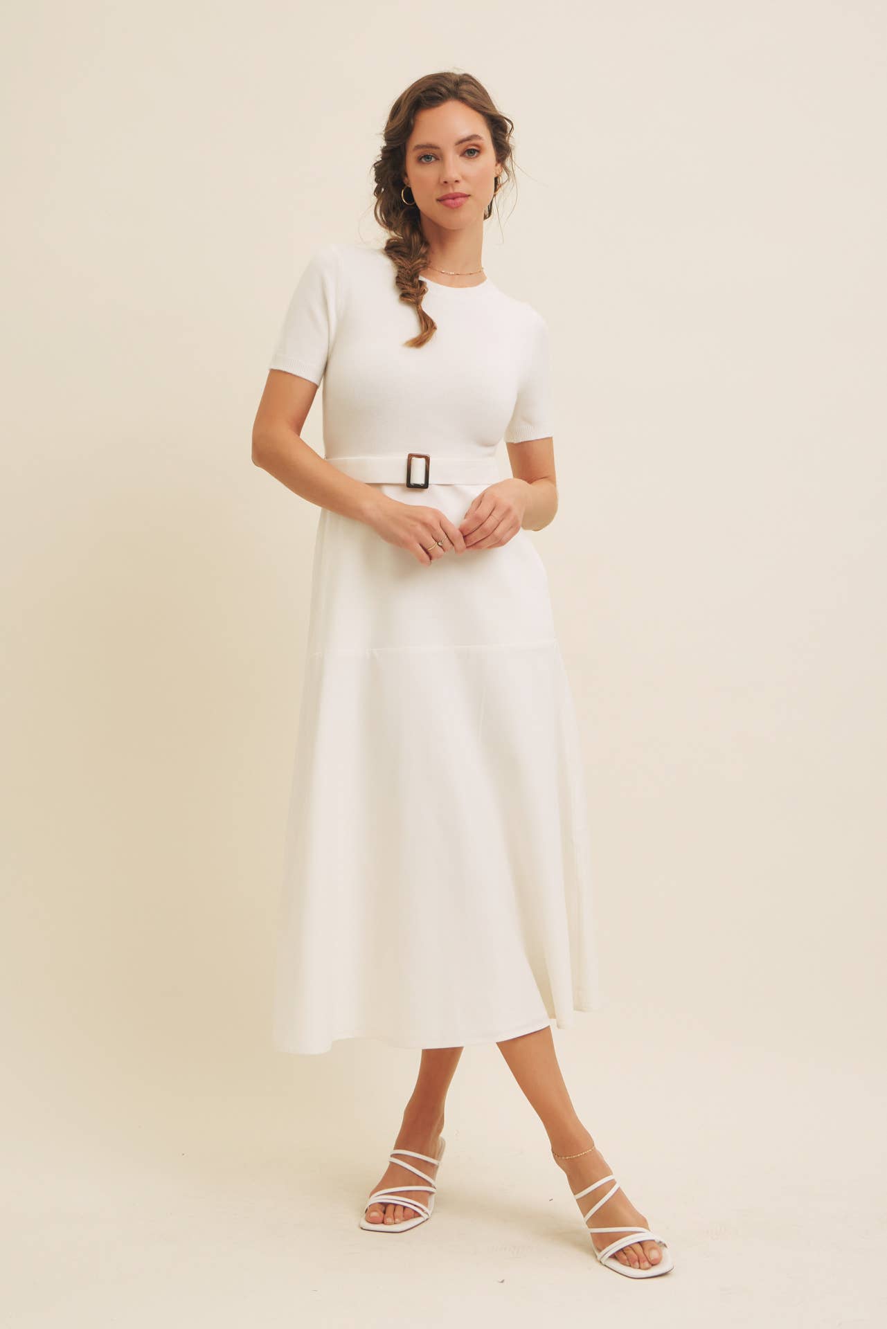 Delaney Sweater Midi Dress - White Mixed Media Dress with Belt - Image 2