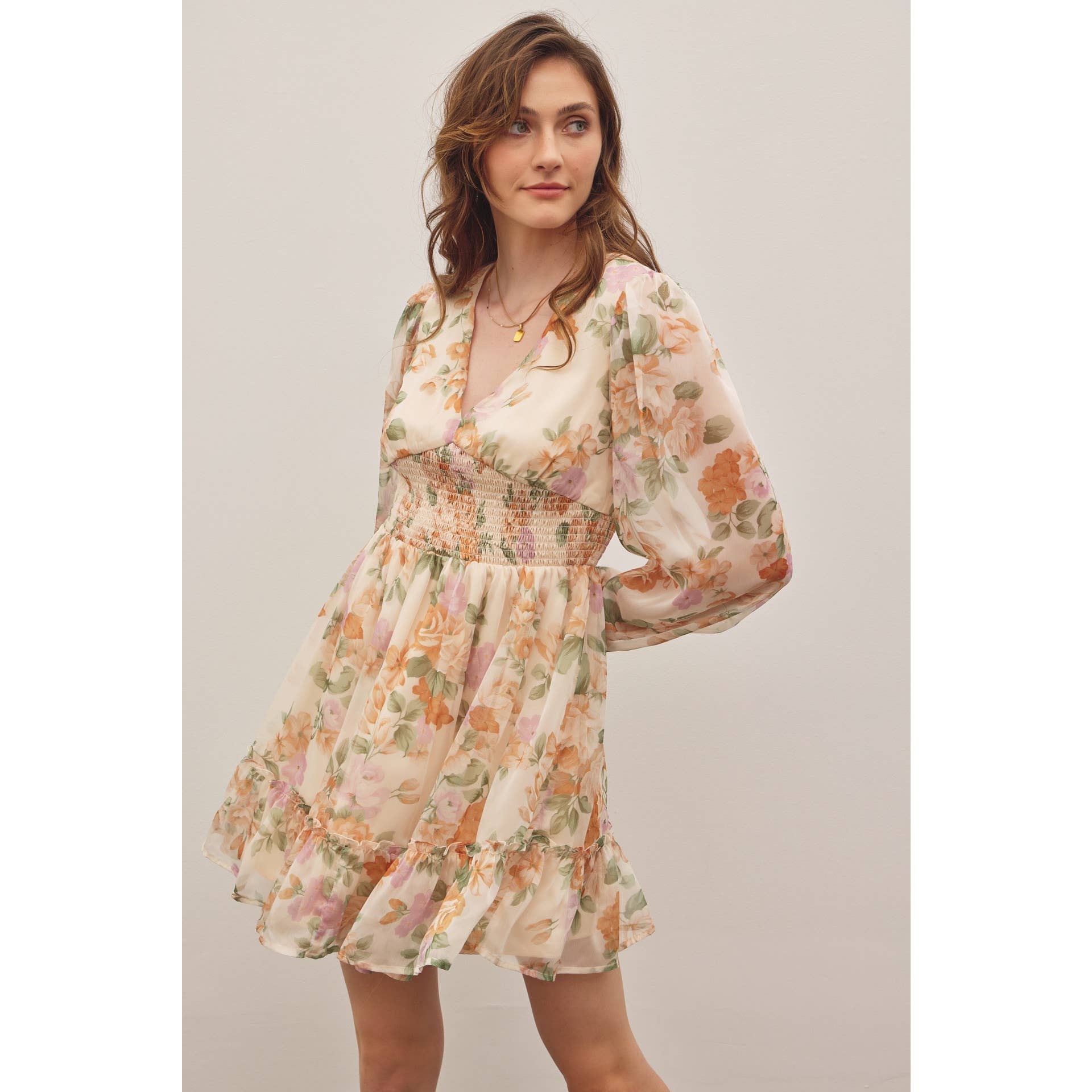 LAYLA-FRENCH FLORAL V-NECK SMOCKED MINI DRESS - Image 12