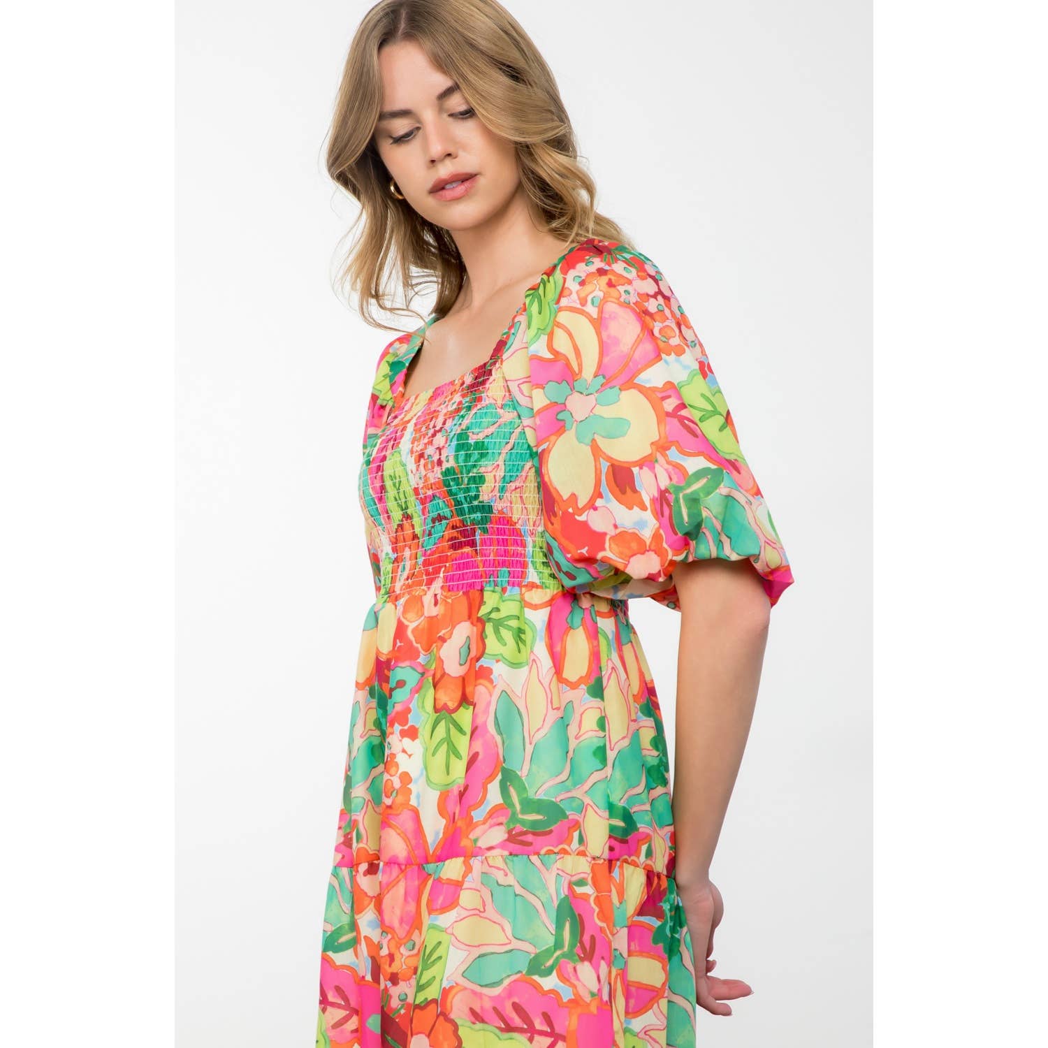 Massey - Puff Sleeve Floral Print Midi Dress - Image 4