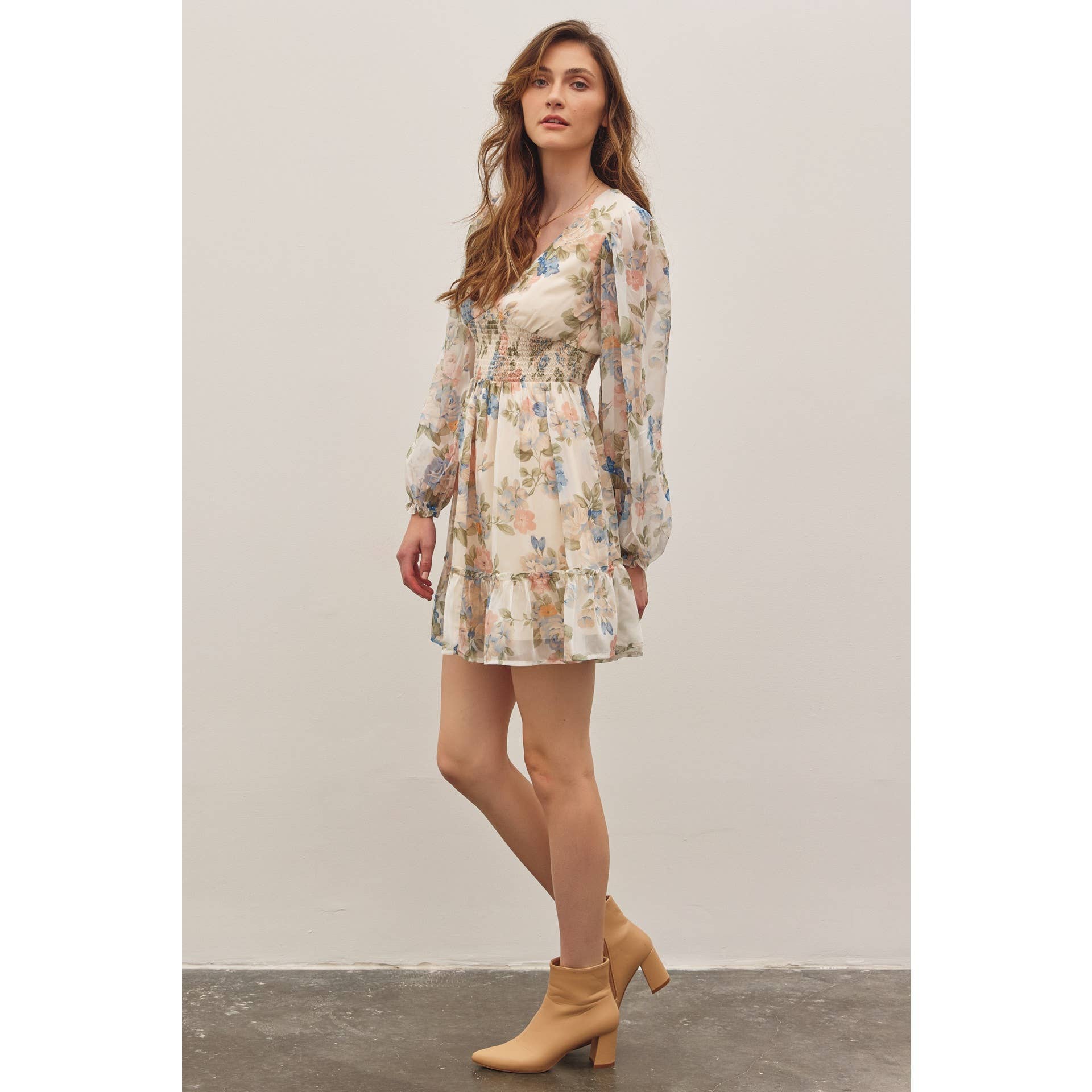 LAYLA-FRENCH FLORAL V-NECK SMOCKED MINI DRESS - Image 10