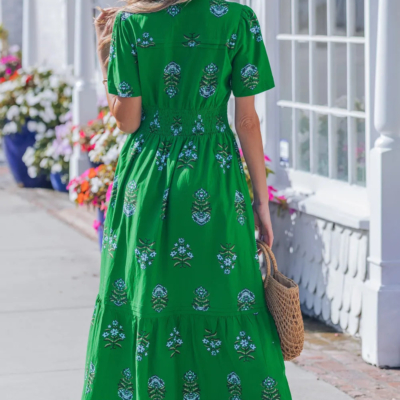 Vickie - Green  Floral Print Split Neck Shirred High Waist Ruffle Hem Maxi Dress - Image 4