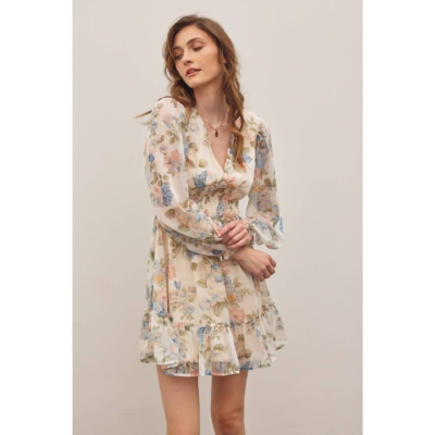 LAYLA-FRENCH FLORAL V-NECK SMOCKED MINI DRESS - Image 4