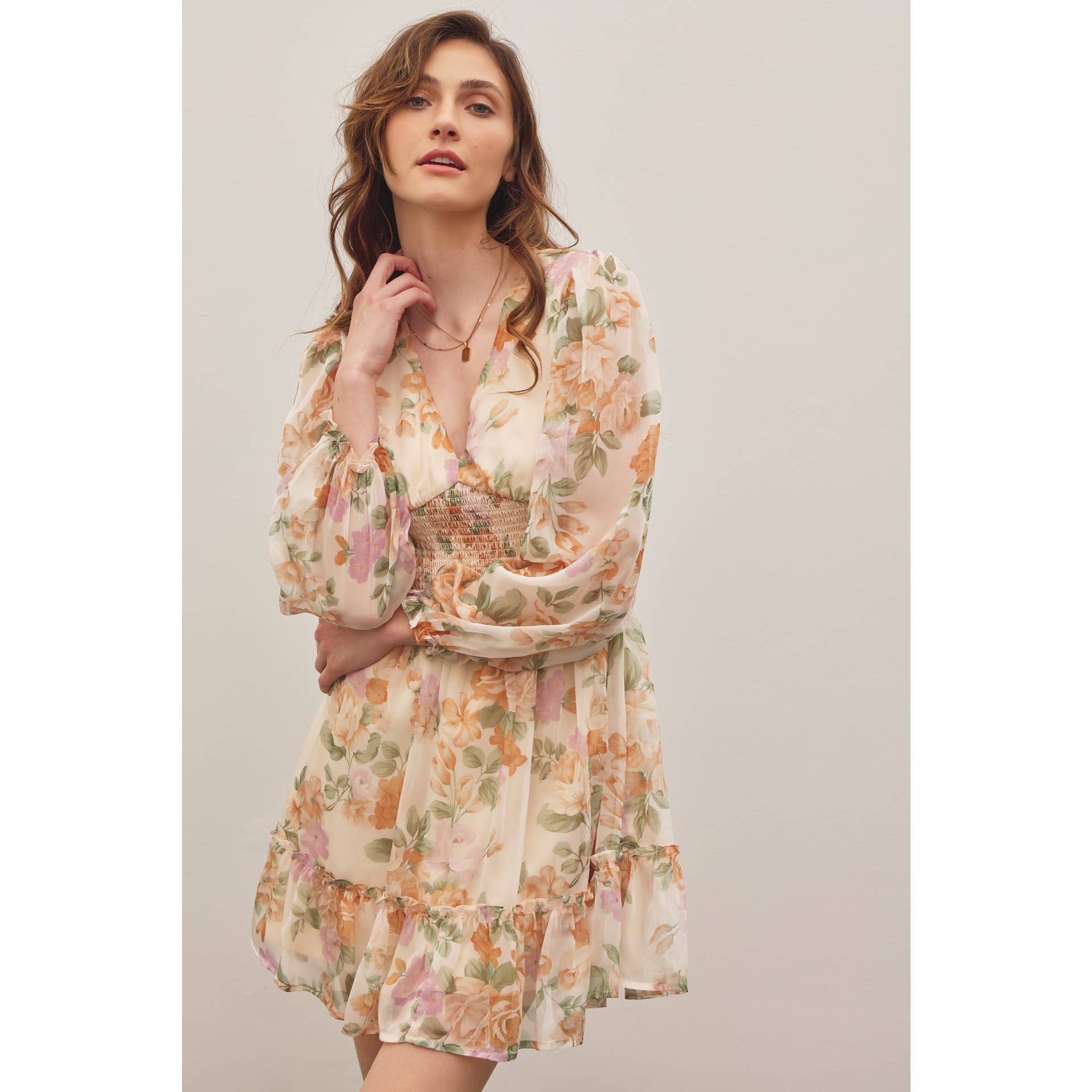 LAYLA-FRENCH FLORAL V-NECK SMOCKED MINI DRESS - Image 13