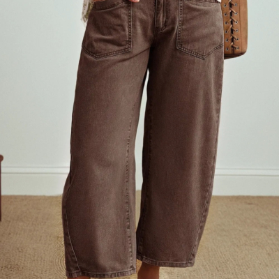 Miranda - Coffee Solid Color Square Patch Pocket Ankle-length Barrel Jeans - Image 5