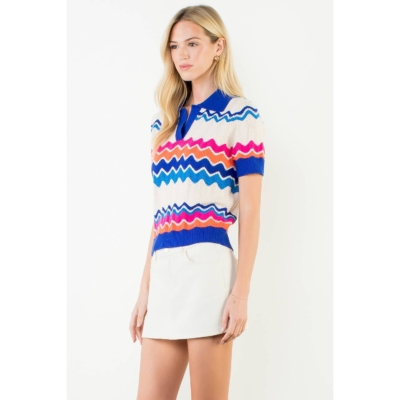 Alternative view of Tracey - Short Sleeve Collared Zigzag Knit Top