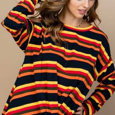 Sally - Multi Print Twist Front Cold Shoulder Knit Top - Image 3