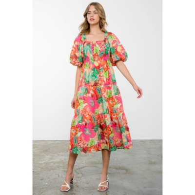 Massey - Puff Sleeve Floral Print Midi Dress - Image 3