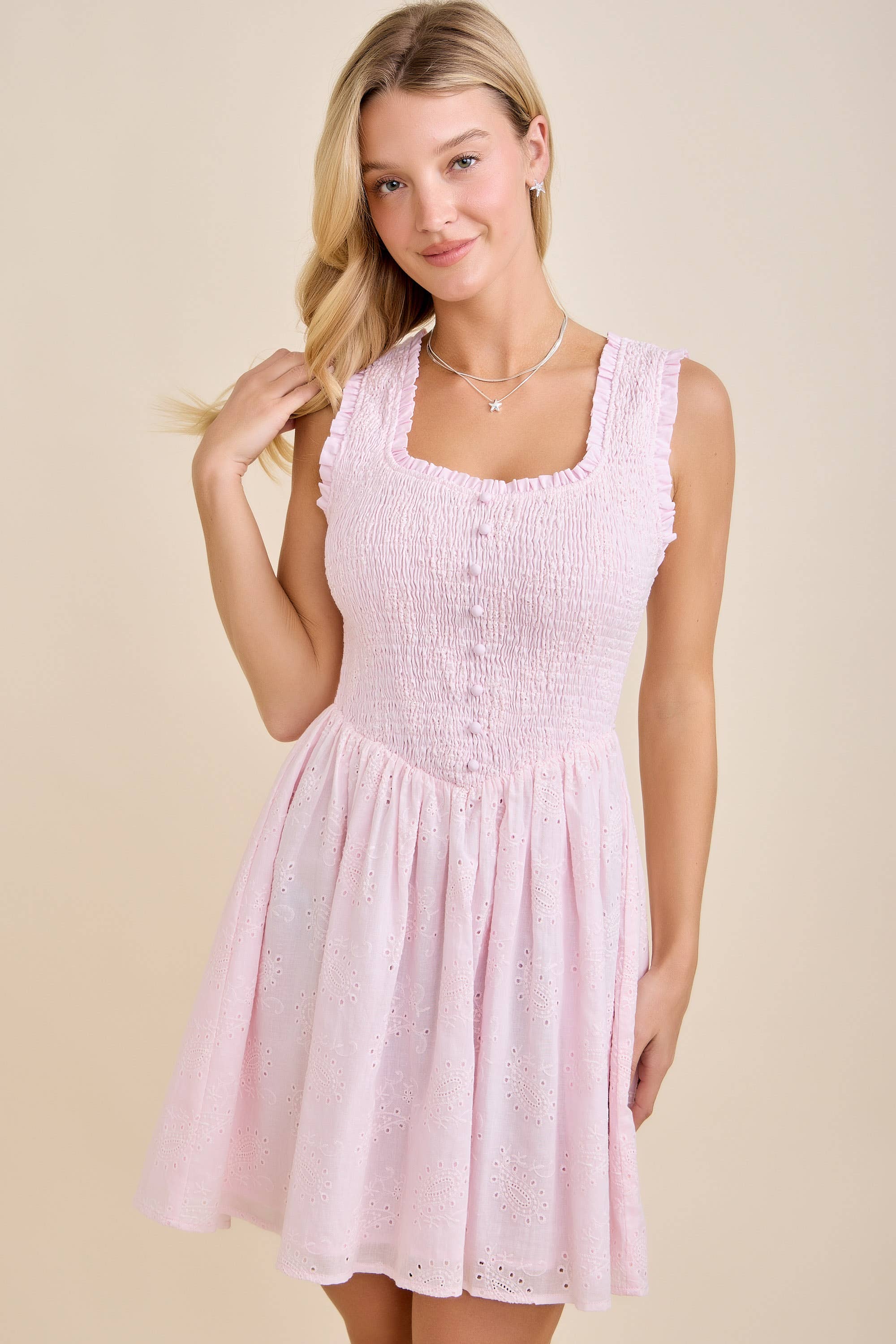 Sarah Eyelet Smocked Mini Dress – Sweet Feminine Spring Style - Image 6