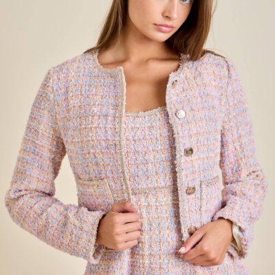 Sloane - Pastel Sequin Braid Detailed Round Neck Tweed Jacket & Mini Dress Set - Image 3