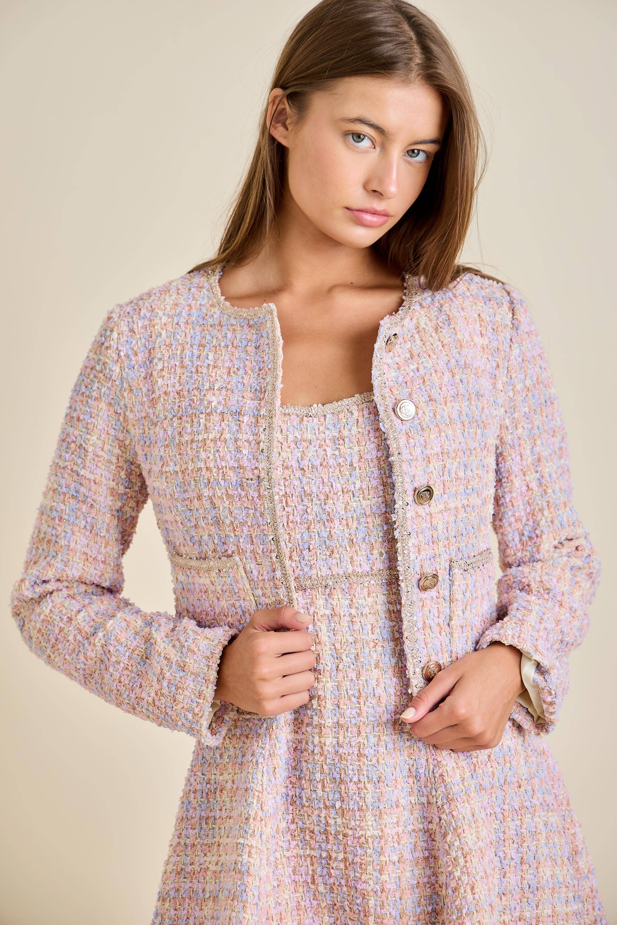 Sloane - Pastel Sequin Braid Detailed Round Neck Tweed Jacket & Mini Dress Set - Image 3