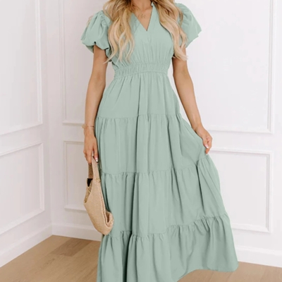 Vanessa - Seafoam V Neck Puff Sleeve Tiered Maxi Dress