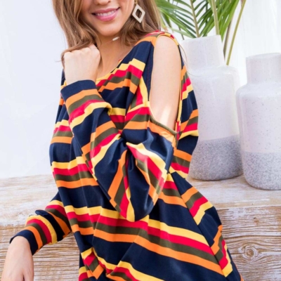 Sally - Multi Print Twist Front Cold Shoulder Knit Top - Image 15