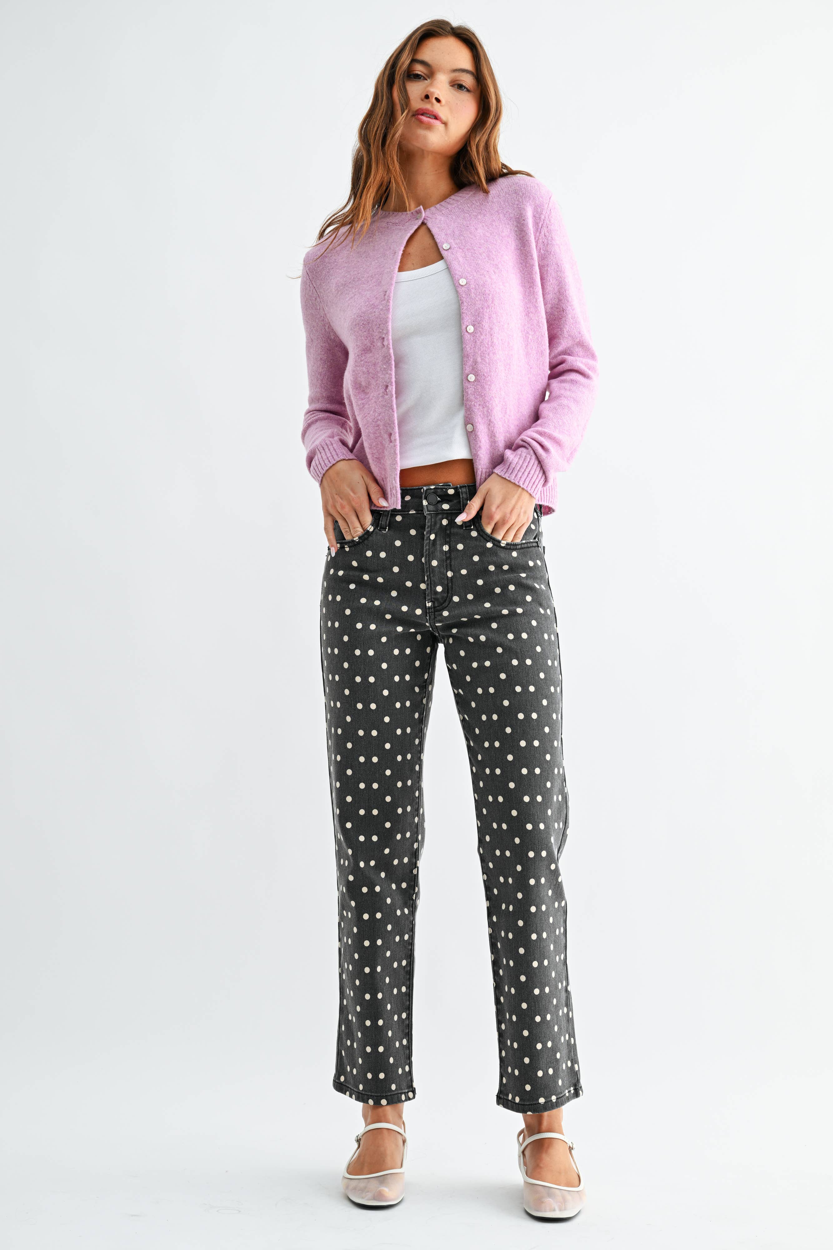 Bonnie - Black Polka Dot Vintage High Rise Straight Jeans - Image 2