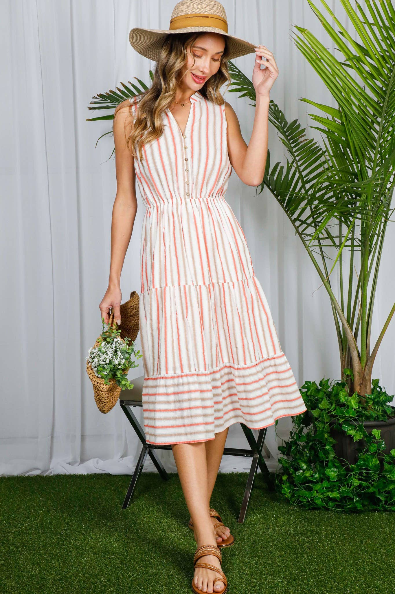 Soleil- Summer- Striped 100% Cotton Tired Midi Dress - Image 10