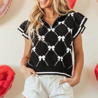Heather - Black Chevron Pattern Bow Print Zipped Collar Sweater Top - Image 6
