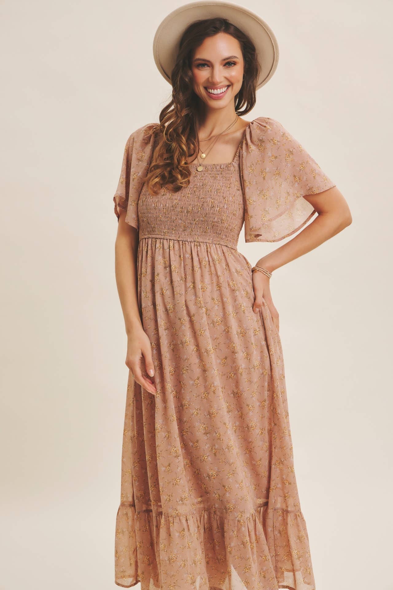 Ariana Square Neck Floral Chiffon Smocked Midi Dress - Image 13